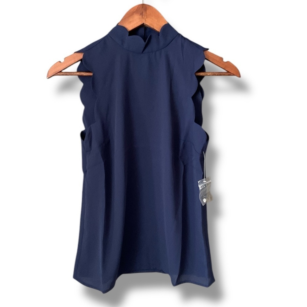 Modcloth Navy Blue Scalloped High Neck Sleeveless Blouse Size XXSmall